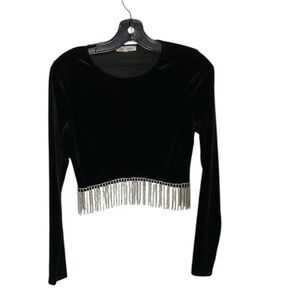 BEAR DANCE velvet crop top with rhinestone fringe . Black,like new!